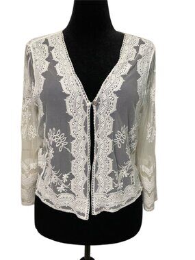 Chris McLaughlin White Lace Sheer Embroidered Cardigan Shrug Jacket Topper XL